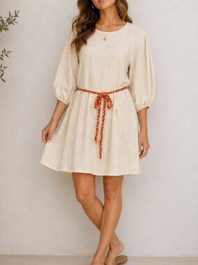 Tennis Cotton 3/4 Sleeve Tie Waist Fit & Flare Dress In Cream Size M